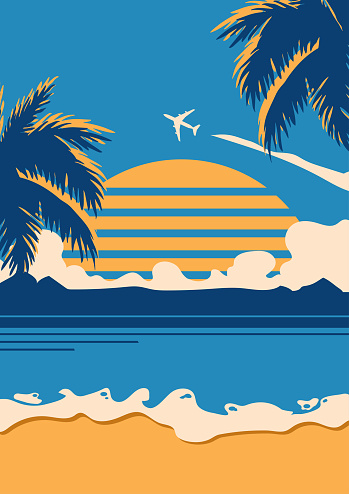 Retro vintage style summer poster with palm trees sea in the setting sun with a flying plane