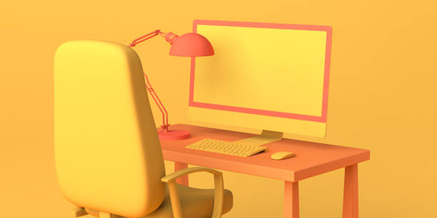 istock Cartoon work office with computer, chair, and coffee cup. Freelance. 3D illustration. Copy space. 1390305903