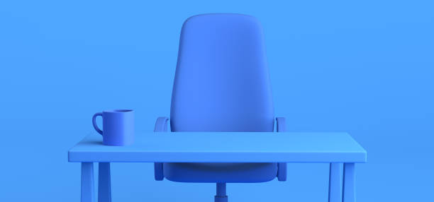 istock Cartoon work office with chair and coffee cup on the table. Freelance. 3D illustration. Copy space. 1390305917
