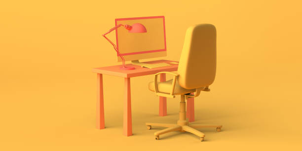 istock Cartoon work office with computer, chair, and coffee cup. Freelance. 3D illustration. Copy space. 1390306050