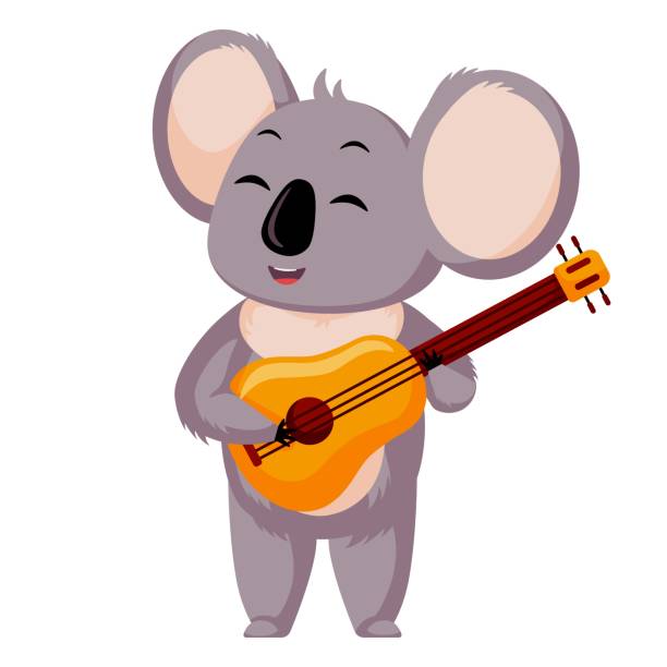 白い背景に隔離されたギターでかわいいコアラ演奏。漫画のキャラクターの音楽家。 - koala sign australian culture animal点のイラスト素材／クリップアート素材／マンガ素材／アイコン素材
