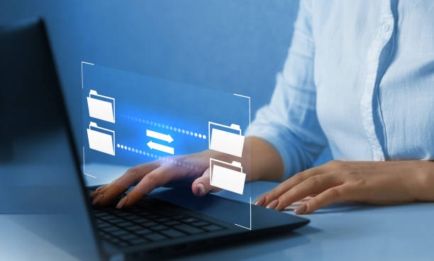 FTP(File Transfer Protocol) files receiver and computer backup copy. File sharing isometric. Digital system for transferring documents and files online.Data Transfer concept. stock photo