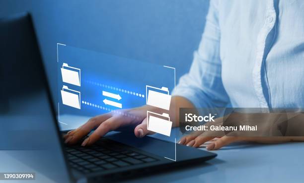 Ftp Files Receiver And Computer Backup Copy File Sharing Isometric Digital System For Transferring Documents And Files Onlinedata Transfer Concept Stock Photo - Download Image Now