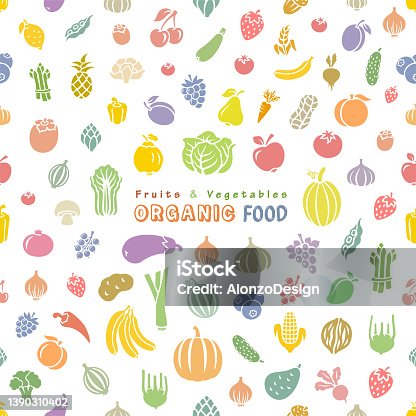 istock Colorful fruits and vegetables background . Organic Food Seamless Pattern. 1390310402