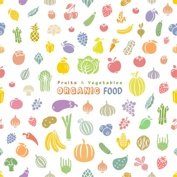 Vector illustration of Colorful fruits and vegetables background . Organic Food Seamless Pattern.
