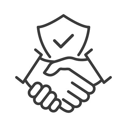Handshake and shield line icon. International agreement concept with check mark. World partnership linear symbol. Vector isolated on white.