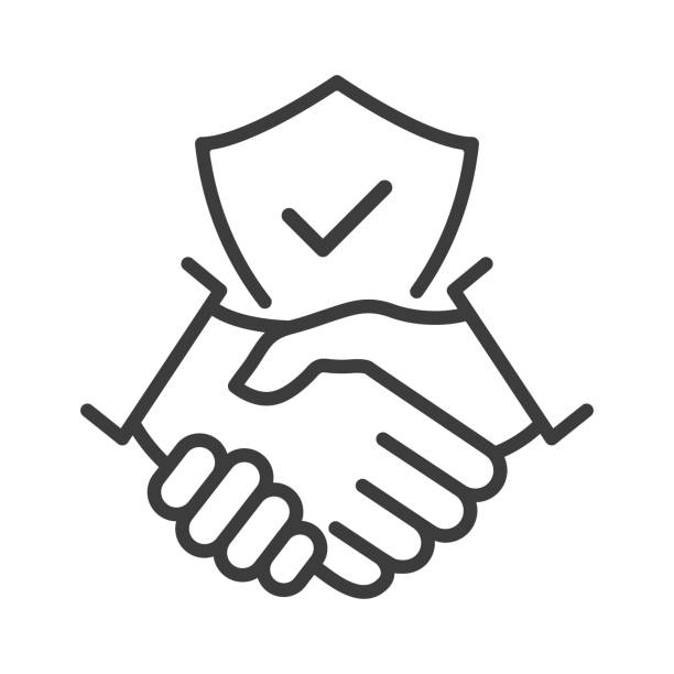 Handshake and shield line icon. Handshake and shield line icon. International agreement concept with check mark. World partnership linear symbol. Vector isolated on white. trustees stock illustrations