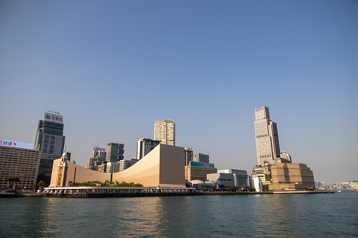 Hong Kong - April 5, 2022 : General view of the Hong Kong Skyline in Kowloon side, with the One Peking, Masterpiece, former Kowloon-Canton Railway Clock Tower, Hong Kong Cultural Centre and Victoria Dockside.