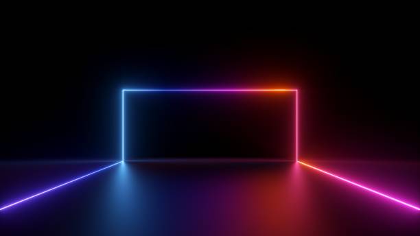 istock 3d render, abstract curvy line glowing with colorful neon light over black background, frame with copy space 1390311781