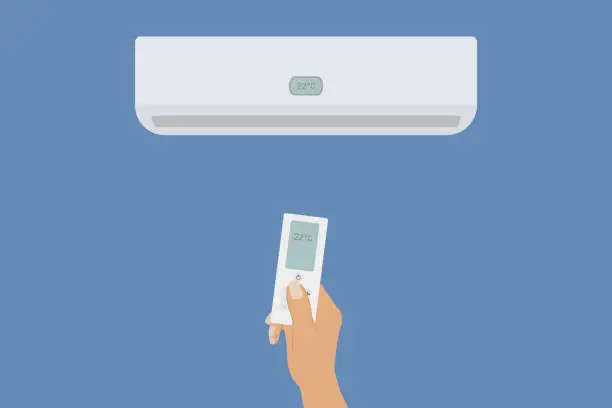 Vector illustration of Air Conditioner On Blue Background With Human Hand Holding Remote Control Of Air Conditioner.
