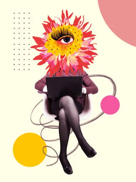 Contemporary art design. Eyeball in flower. Modern conceptual art poster with beautiful eye in surrealism style. Buisness woman sitting with laptop on color abstract background.