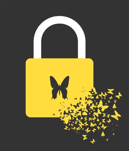 Vector illustration of Padlock and flying butterflies