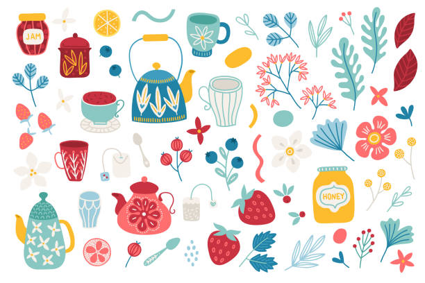 letnie elementy wystroju - herbata, filiżanka, truskawka, kwiaty, cytryna, czajnik, jagoda - berry fruit blueberry floral pattern strawberry stock illustrations