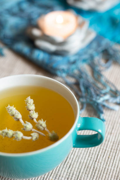 Tea in a turquoise cup with decoration - Greek mountain tea, herbal tea, white tea