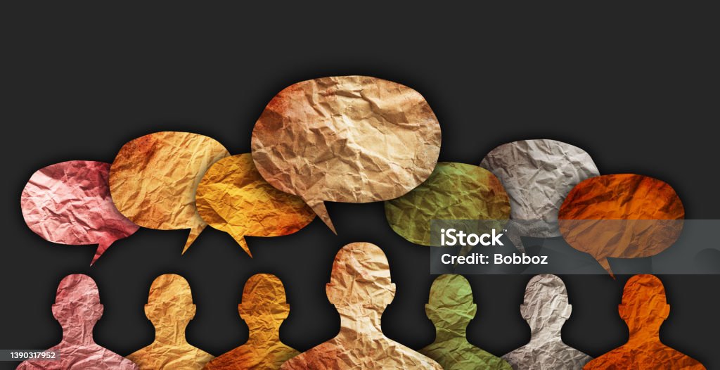 Diverse cultures, international communication concept. Human silhouette with speech bubbles. Talking Stock Photo