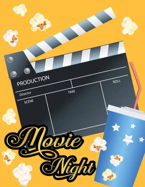 Vector illustration of Movie Night Party Invitation Template With A Clapboard And Soda Pop