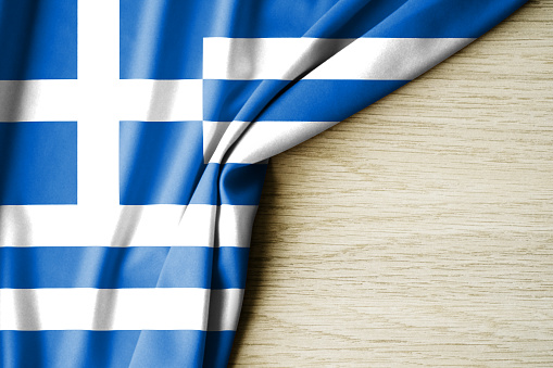 Greece flag. Fabric pattern flag of Greece. 3d illustration. with back space for text. Close-up view.