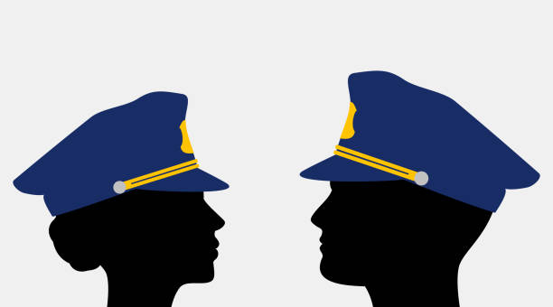 Policeman silhouettes in uniform caps vector art illustration
