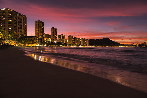 Colorful Waikiki Beach Surfers Swimmers Evening Diamond Head Hotels Honolulu Hawaii
