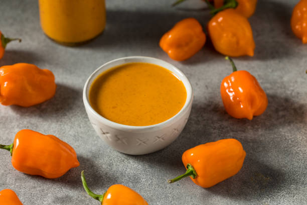 sauce piquante habanero biologique maison - orange sauce photos et images de collection