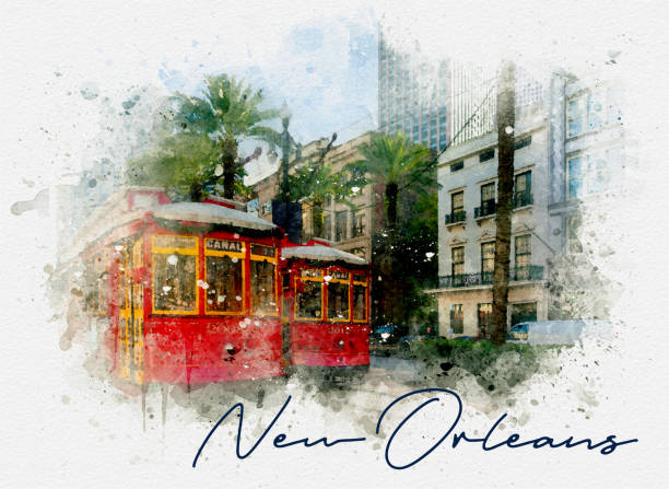 new orleans classic street car postkarte - mix digitale technik - urban scene street car nobody stock-grafiken, -clipart, -cartoons und -symbole