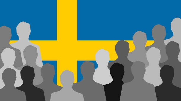 Swedish men Black and white men silhouettes standing in front of a Swedish flag swedish flag stock illustrations