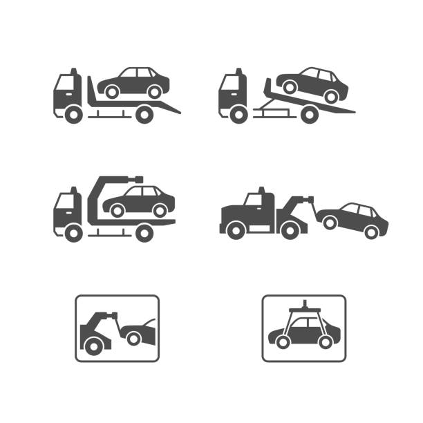 legen sie glyphensymbole der autoevakuierung fest - abschleppen stock-grafiken, -clipart, -cartoons und -symbole