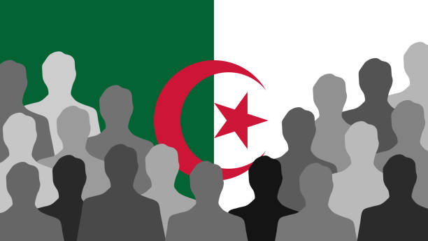 Algerian men Black and white men silhouettes standing in front of an Algerian flag algeria flag silhouettes stock illustrations