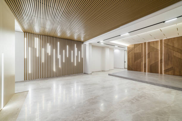 diseño interior moderno de la casa con luz en los azulejos de la pared e iluminación - bathroom contemporary office sparse fotografías e imágenes de stock