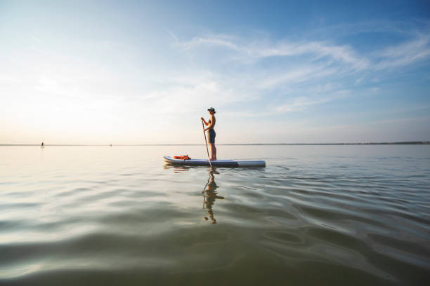 istock Young woman swimming on sup boards alone at sunset 1390335346