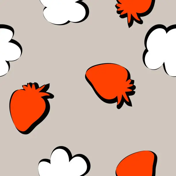 Vector illustration of Silhouette red strawberries and white flowers doodle seamless pattern. Perfect for T-shirt, textile and prints. Hand drawn illustration for decor and design.