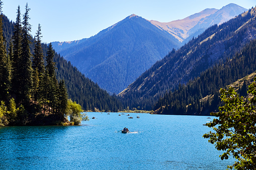 vista de un lago de montaña rodeado de bosque photo