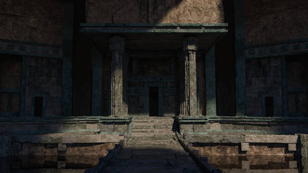 eine höhle mit dem eingang zu einem alten grab (kerker oder tempel), das von den sonnenstrahlen beleuchtet wird. 3d-rendering - sun temple stock-fotos und bilder