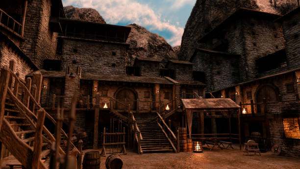 istock The courtyard of a small castle at dawn. 3D rendering 1390338684