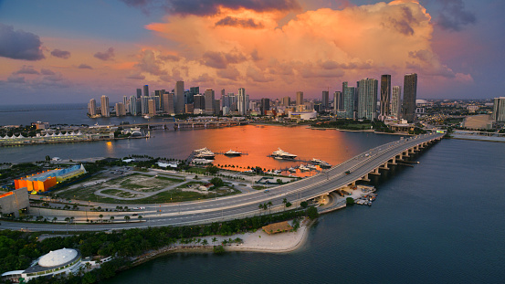 Aerial view of waterfront of downtown Miami from Watson Island at dawn in Florida, USA.