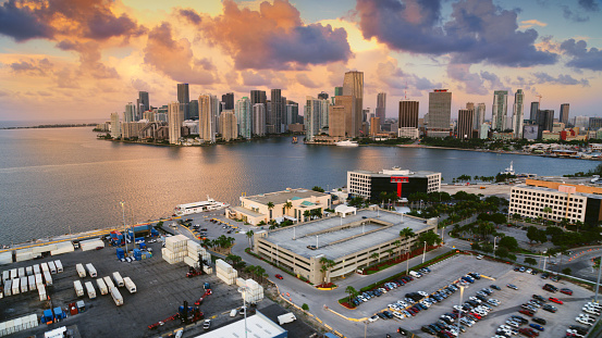 Aerial view Dodge Island and heading towards Downtown Miami during sunrise, Florida, USA.