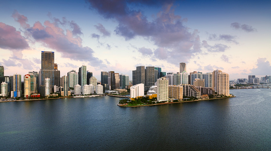 Aerial view of Brickell Key and Coconut Grove during sunrise, Miami, Florida, USA.