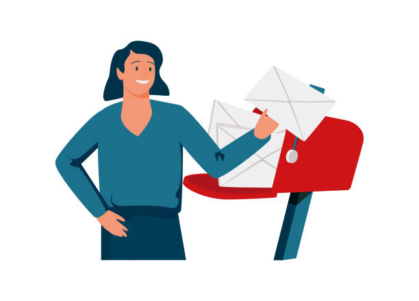 istock Landing page template with happy woman and document with check mark inside envelope. Concept of confirmation. 1390340881