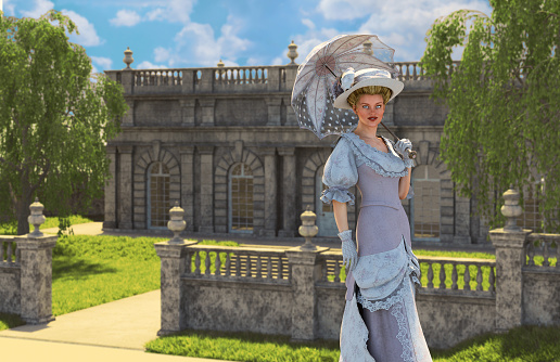 Woman in a Vintage Rose Dress, a classic Edwardian style outfit, walking in a park in front of a Orangery building and Willow trees on a sunny day, 3d render.
