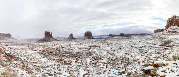 istock Panorama of Monument Valley covered in freshly fallen snow on a cloudy day 1390342311