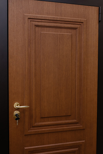 Modern wooden brown door with metal door handle.Stainless steel door handle.Interior design concept.Entrance door