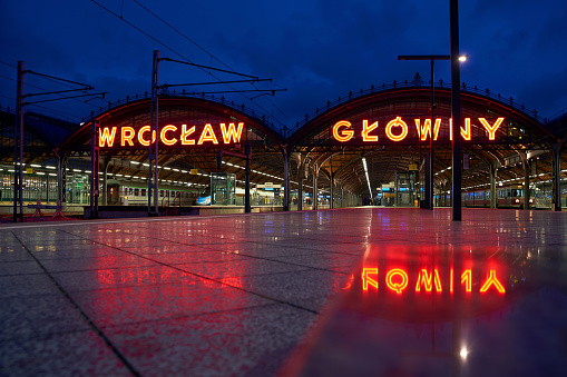 Wroclaw, Poland, Jan 2, 2019: Platform of Wroclaw Glowny railway station at dusk.