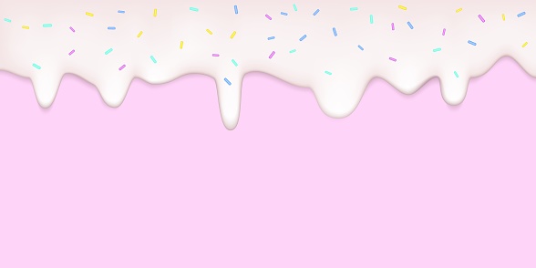 Realistic drip cream drops with sprinkles on pink background. Melted white sweet liquid splashes, glossy cream border with dripping droplets, molten texture 3d vector illustration glaze