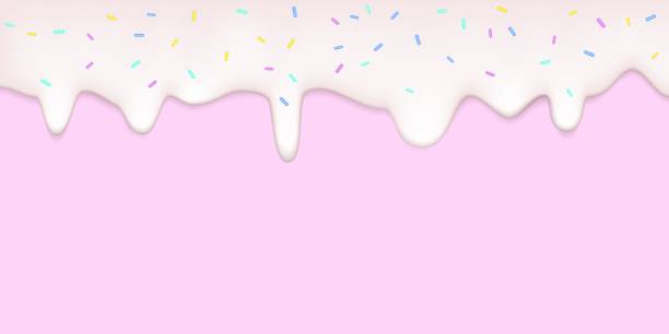 Realistic drip cream drops with sprinkles on pink background. Realistic drip cream drops with sprinkles on pink background. Melted white sweet liquid splashes, glossy cream border with dripping droplets, molten texture 3d vector illustration glaze icing stock illustrations