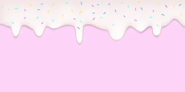 Vector illustration of Realistic drip cream drops with sprinkles on pink background.