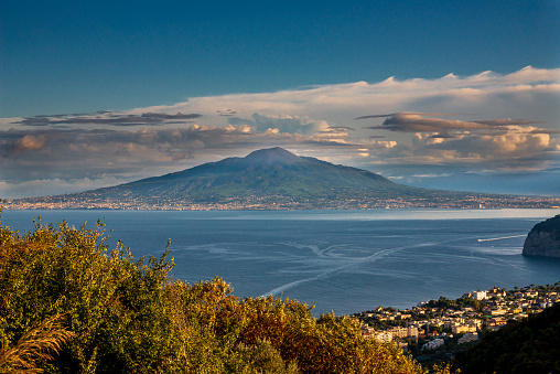 Mount Vesuvius and the Bay of Naples, as seen from the Sorrento peninsula in Italy.