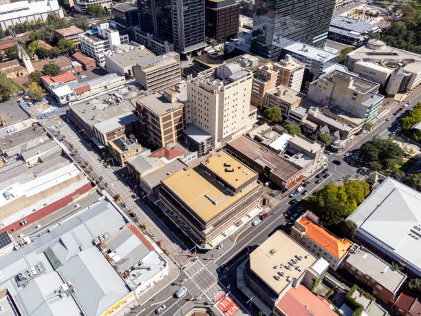 Aerial view of city with commercial buildings stock photo