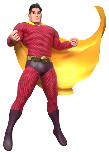 3d illustration of a strong cartoon superhero wearing cape and red costume while flying up during mission against white background for copy space.