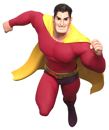 Full length 3d illustration of a powerful and muscular superhero running fast during courageous mission isolated on white background for copy space.