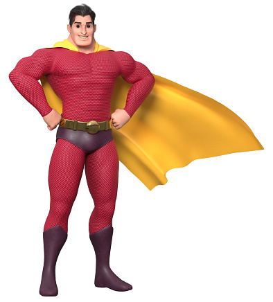Powerful superhero standing tall while smiling on white background.